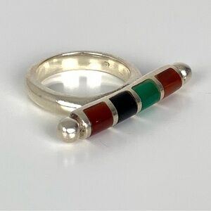 Sterling Silver Ring Multistone Bar Sz 7.5 Stamped 925 Red Green Black Vtg